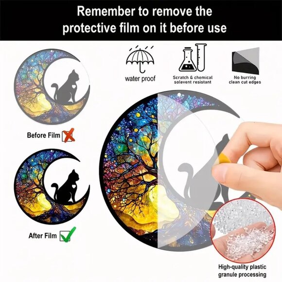 Black Cat Suncatcher Cresent Moon Tree Life Hanging Decor Colorful In/Outdoor - Picture 3 of 3